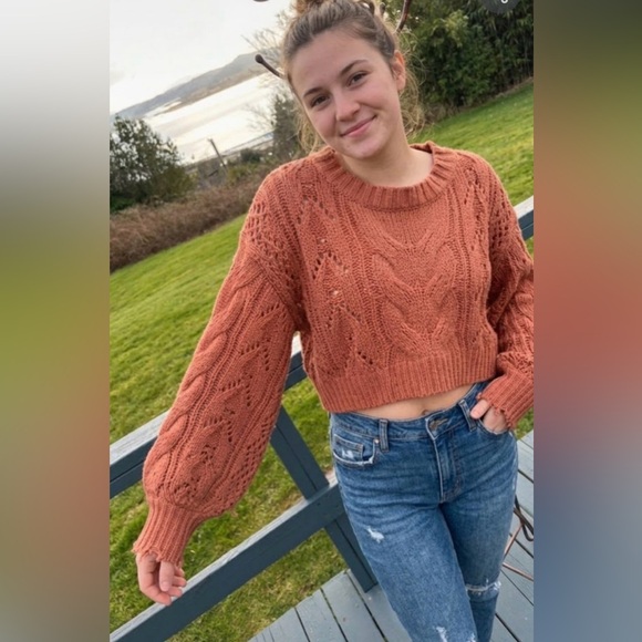 Love Tree Womens Oversized Cropped Orange Rust Knit Sweater W Balloon Sleeves S - Picture 6 of 12